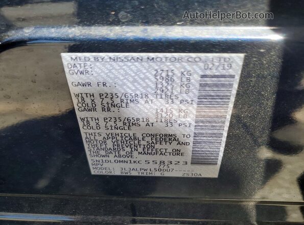 5N1DL0MN1KC558323 2019 INFINITI QX60 Blue VIN կոդի պիտակի տեսք