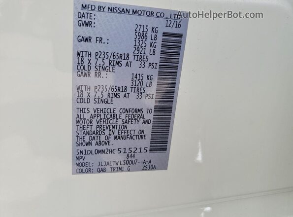 5N1DL0MN2HC515215 2017 INFINITI QX60 White Շարժիչի բաժամունքի տեսք