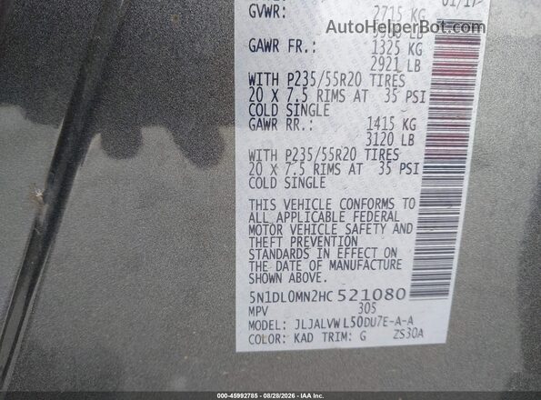 5N1DL0MN2HC521080 2017 INFINITI QX60 Gray Engine compartment view