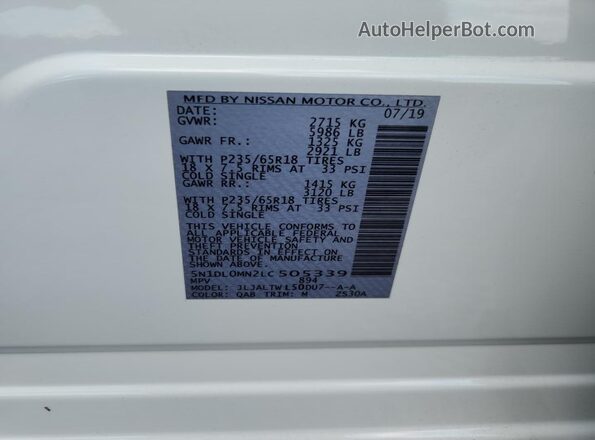 5N1DL0MN2LC505339 2020 INFINITI QX60 White Widok naklejki z numerem VIN