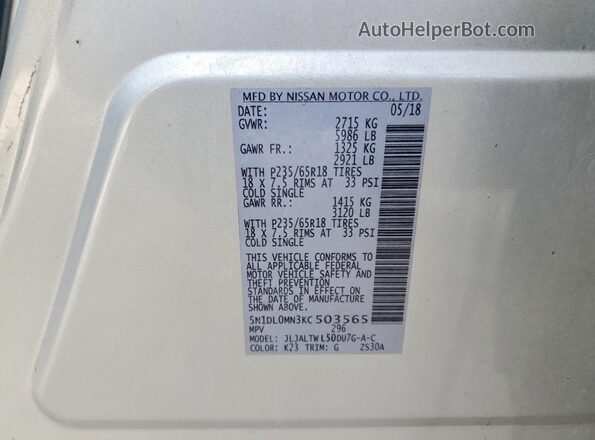 5N1DL0MN3KC503565 2019 INFINITI QX60 Silver VIN կոդի պիտակի տեսք
