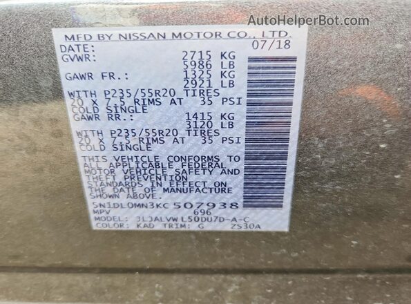 5N1DL0MN3KC507938 2019 INFINITI QX60 Gray VIN კოდის სტიკერის ხედი