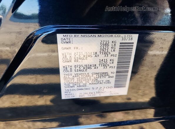 5N1DL0MN3KC522200 2019 INFINITI QX60 Blue VIN կոդի պիտակի տեսք