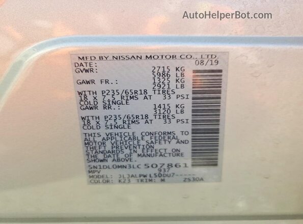 5N1DL0MN3LC507861 2020 INFINITI QX60 Silver Вид наклейки з VIN-кодом