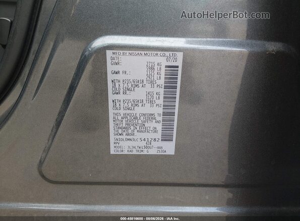 5N1DL0MN3LC541282 2020 INFINITI QX60 Gray Вид підкапотного простору