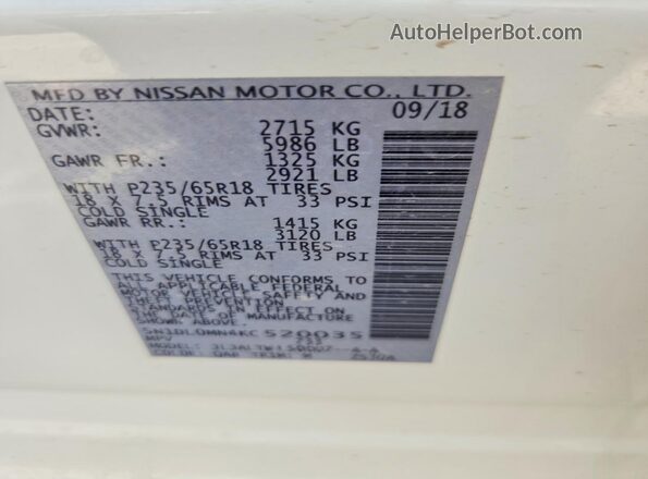 5N1DL0MN4KC520035 2019 INFINITI QX60 White VIN կոդի պիտակի տեսք