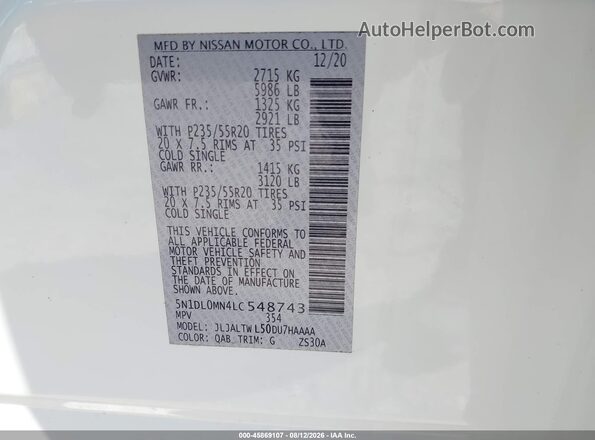 5N1DL0MN4LC548743 2020 INFINITI QX60 White Շարժիչի բաժամունքի տեսք