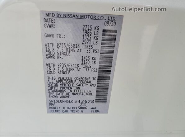 5N1DL0MN5LC543678 2020 INFINITI QX60 White Vista de la etiqueta del VIN