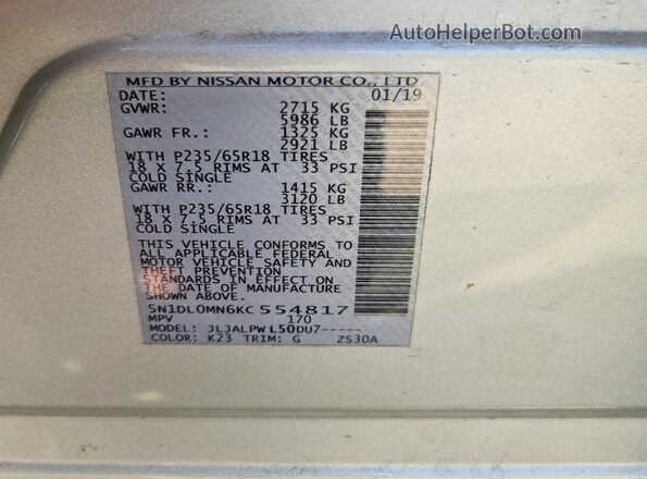 5N1DL0MN6KC554817 2019 INFINITI QX60 Silver VIN կոդի պիտակի տեսք