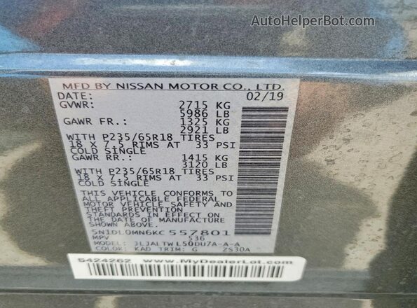 5N1DL0MN6KC557801 2019 INFINITI QX60 Серый Вид наклейки с VIN-кодом
