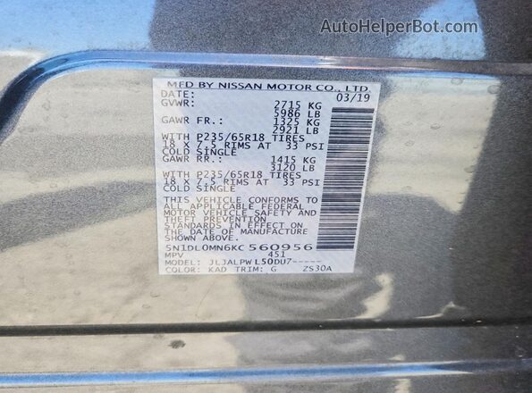5N1DL0MN6KC560956 2019 INFINITI QX60 Gray Widok naklejki z numerem VIN