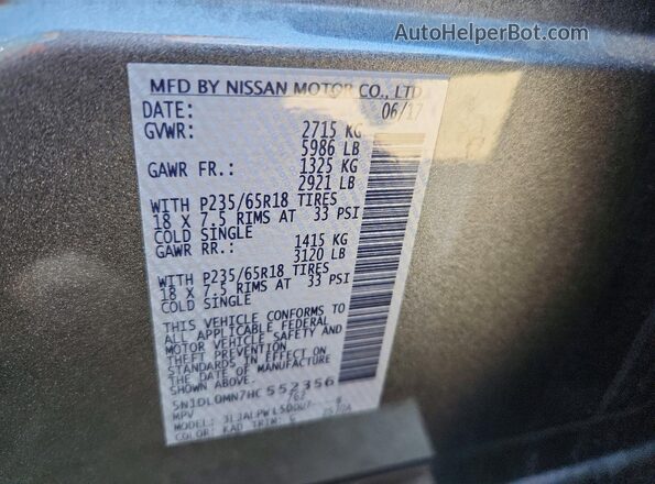 5N1DL0MN7HC552356 2017 INFINITI QX60 Gray VIN კოდის სტიკერის ხედი