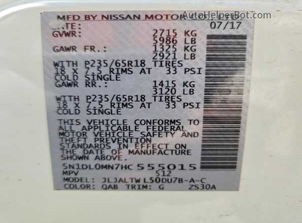 5N1DL0MN7HC555015 2017 INFINITI QX60 White Vista de la etiqueta del VIN