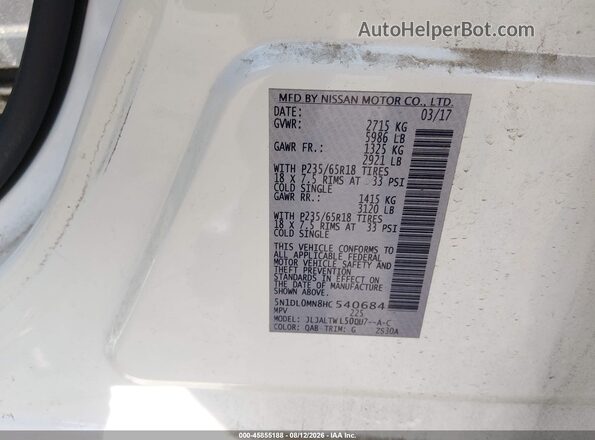 5N1DL0MN8HC540684 2017 INFINITI QX60 White Вид підкапотного простору