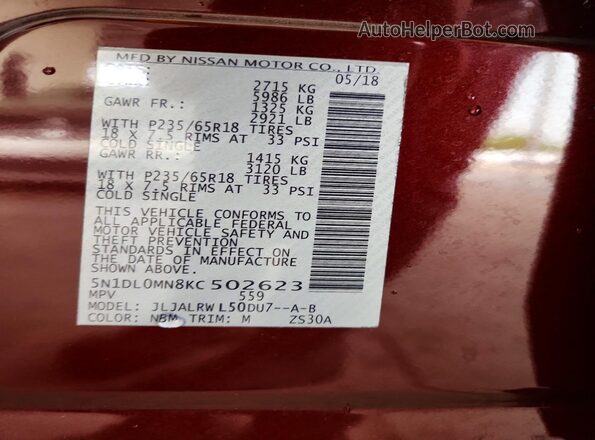 5N1DL0MN8KC502623 2019 INFINITI QX60 Maroon 