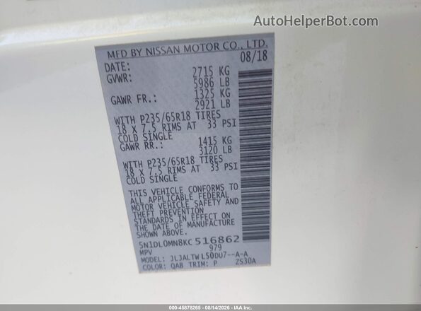 5N1DL0MN8KC516862 2019 INFINITI QX60 White Вид підкапотного простору