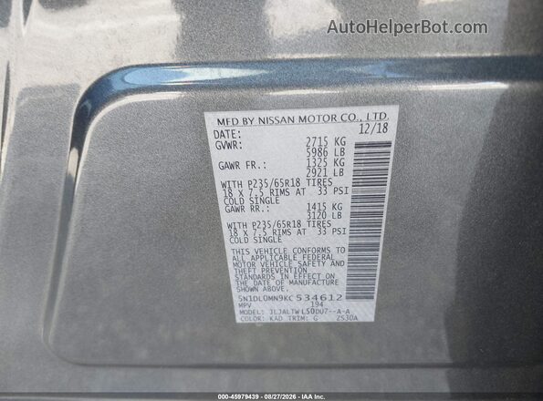 5N1DL0MN9KC534612 2019 INFINITI QX60 Gray Widok komory silnika