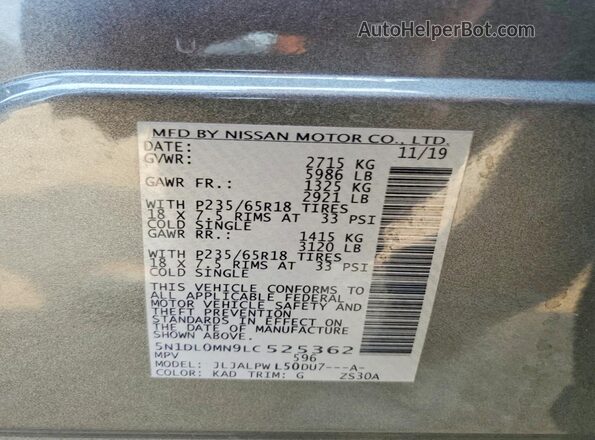 5N1DL0MN9LC525362 2020 INFINITI QX60 Gray Widok naklejki z numerem VIN