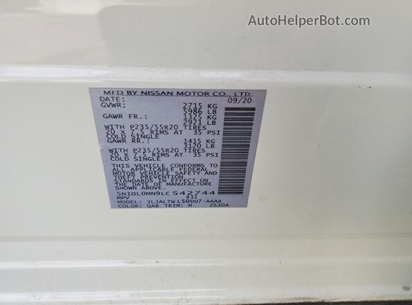 5N1DL0MN9LC542744 2020 INFINITI QX60 White VIN կոդի պիտակի տեսք
