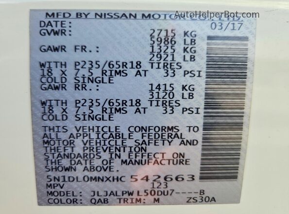 5N1DL0MNXHC542663 2017 INFINITI QX60 White VIN կոդի պիտակի տեսք