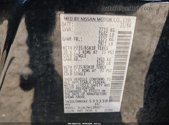 5N1DL0MNXKC533338 2019 INFINITI QX60 Black Vista del compartimento del motor