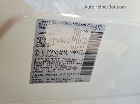 5N1DL0MNXLC522003 2020 INFINITI QX60 White Widok naklejki z numerem VIN