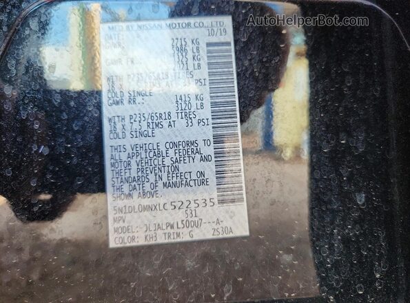 5N1DL0MNXLC522535 2020 INFINITI QX60 Black VIN կոդի պիտակի տեսք