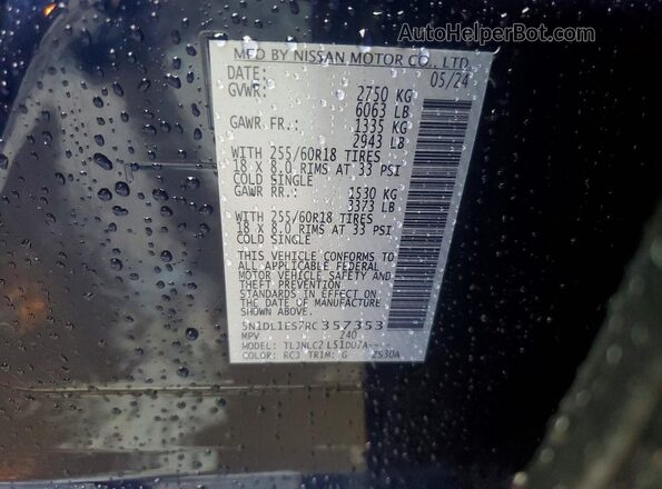 5N1DL1ES7RC357353 2024 INFINITI QX60 Blue VIN კოდის სტიკერის ხედი