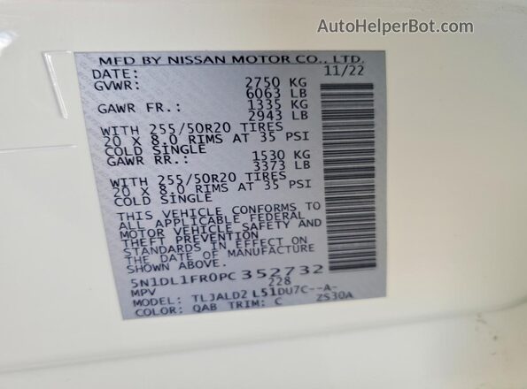 5N1DL1FR0PC352732 2023 INFINITI QX60 White Շարժիչի բաժամունքի տեսք