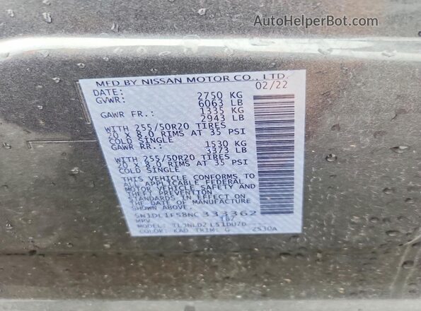 5N1DL1FS8NC333362 2022 INFINITI QX60 Gray VIN კოდის სტიკერის ხედი
