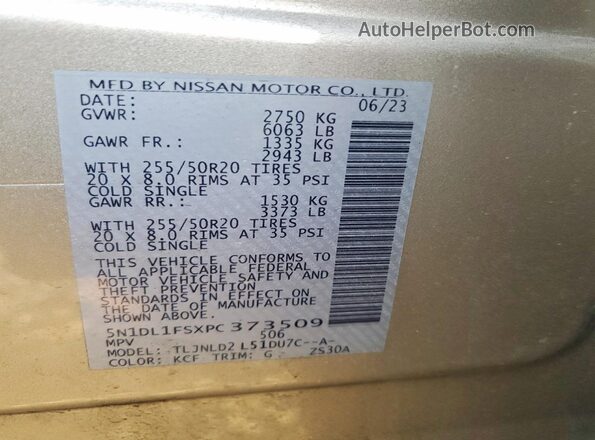 5N1DL1FSXPC373509 2023 INFINITI QX60 Gray Widok naklejki z numerem VIN