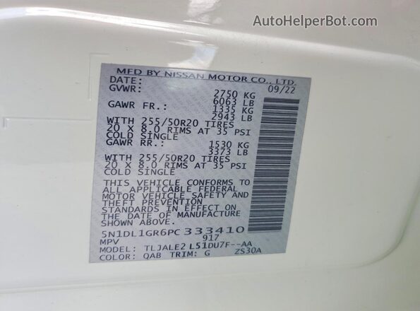 5N1DL1GR6PC333410 2023 INFINITI QX60 White Вид наклейки з VIN-кодом
