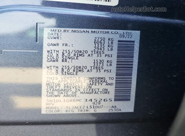 5N1DL1GR6PC345265 2023 INFINITI QX60 Gray VIN կոդի պիտակի տեսք