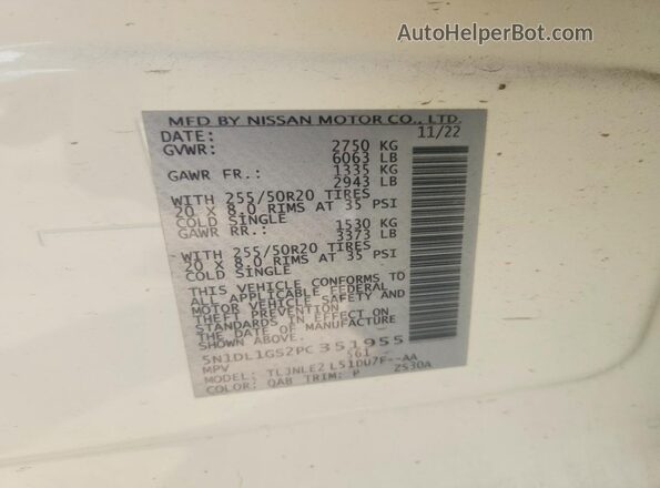 5N1DL1GS2PC351955 2023 INFINITI QX60 White VIN կոդի պիտակի տեսք
