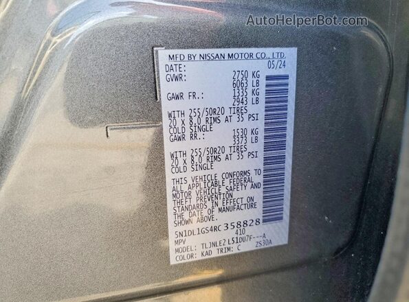 5N1DL1GS4RC358828 2024 INFINITI QX60 Gray VIN კოდის სტიკერის ხედი