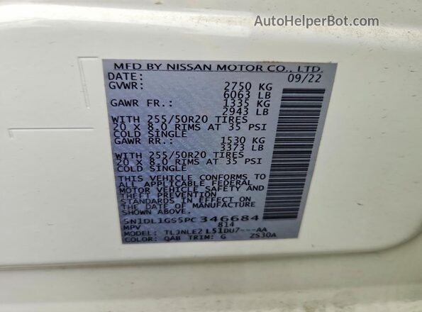 5N1DL1GS5PC346684 2023 INFINITI QX60 White VIN կոդի պիտակի տեսք
