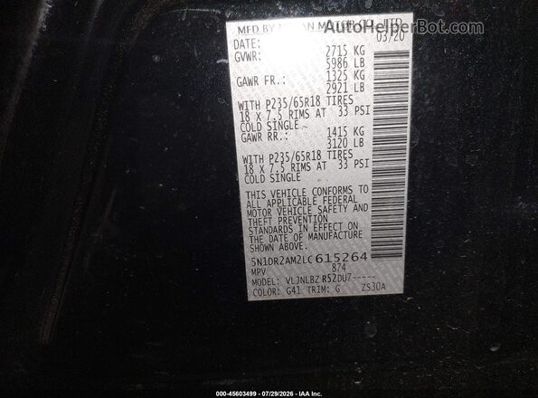 5N1DR2AM2LC615264 2020 NISSAN PATHFINDER Black Widok komory silnika