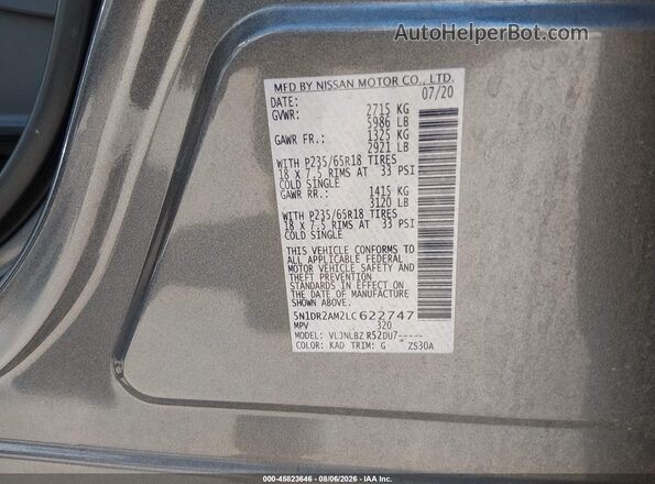 5N1DR2AM2LC622747 2020 NISSAN PATHFINDER Gray Vista del compartimento del motor