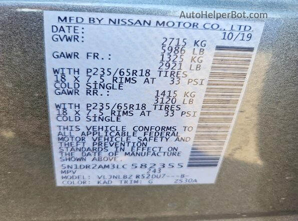 5N1DR2AM3LC582355 2020 NISSAN PATHFINDER Серый Панорамный вид салона 360°