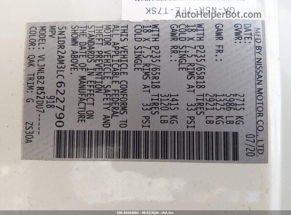 5N1DR2AM3LC622790 2020 NISSAN PATHFINDER White Вид підкапотного простору