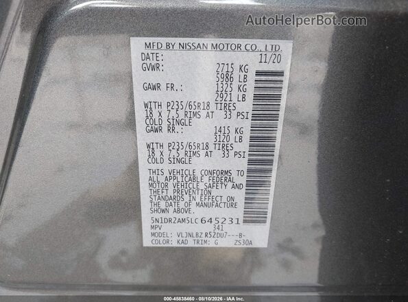 5N1DR2AM5LC645231 2020 NISSAN PATHFINDER Gray Widok komory silnika