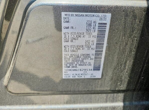 5N1DR2AM6LC629538 2020 NISSAN PATHFINDER Gray VIN կոդի պիտակի տեսք
