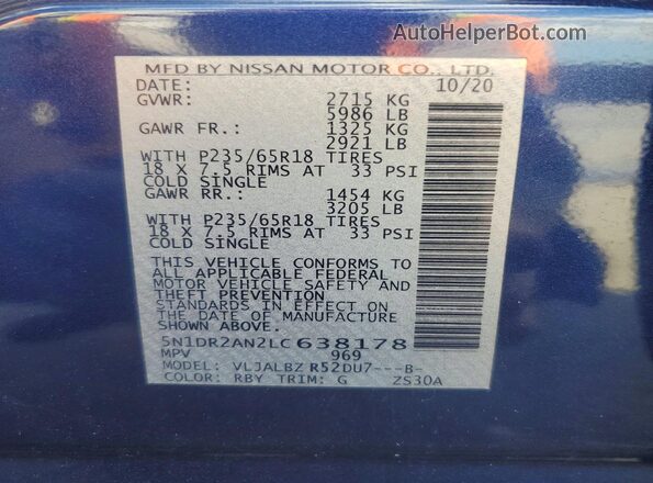 5N1DR2AN2LC638178 2020 NISSAN PATHFINDER Blue Панорамний вид салону 360°