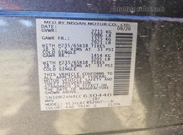 5N1DR2AN4LC630440 2020 NISSAN PATHFINDER Gray VIN კოდის სტიკერის ხედი