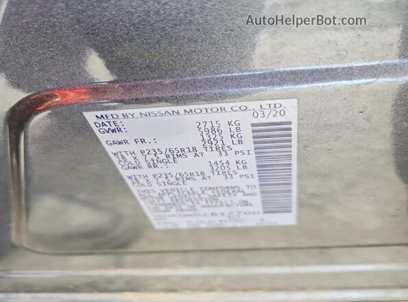 5N1DR2AN5LC617700 2020 NISSAN PATHFINDER Gray Widok naklejki z numerem VIN