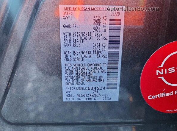 5N1DR2AN8LC634524 2025 NISSAN PATHFINDER Brown Vista de la etiqueta del VIN