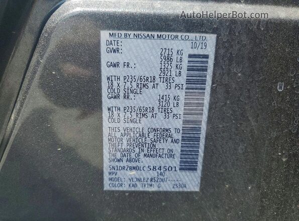 5N1DR2BM0LC584501 2020 NISSAN PATHFINDER Silver VIN კოდის სტიკერის ხედი