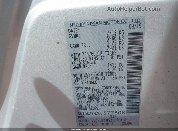 5N1DR2BM2LC577808 2020 NISSAN PATHFINDER Серебряный Вид подкапотного пространства