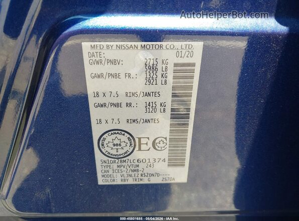 5N1DR2BM7LC601374 2020 NISSAN PATHFINDER Blue Engine compartment view