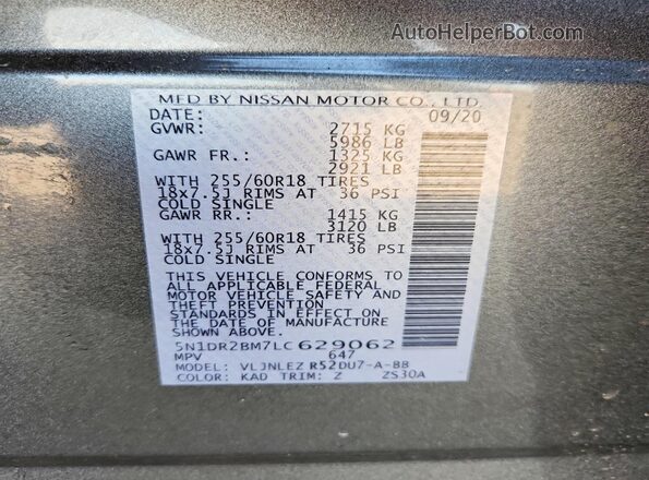 5N1DR2BM7LC629062 2020 NISSAN PATHFINDER Charcoal VIN კოდის სტიკერის ხედი